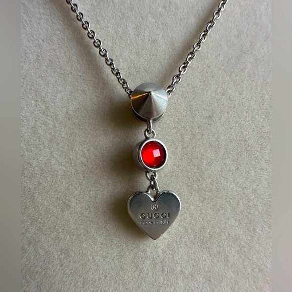 Gucci Silver Necklace with Red Gem and Heart Pendant - Picture 1 of 4